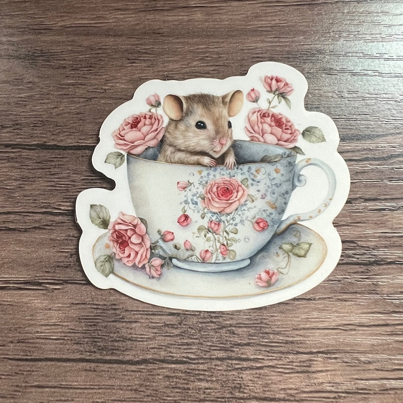 Teacup Critters Sticker | Whimsical Fantasy Laptop Decal | Goblincore Cottagecore Art Journal Scrapbooking | Mouse Frog Raccoon Hedgehog