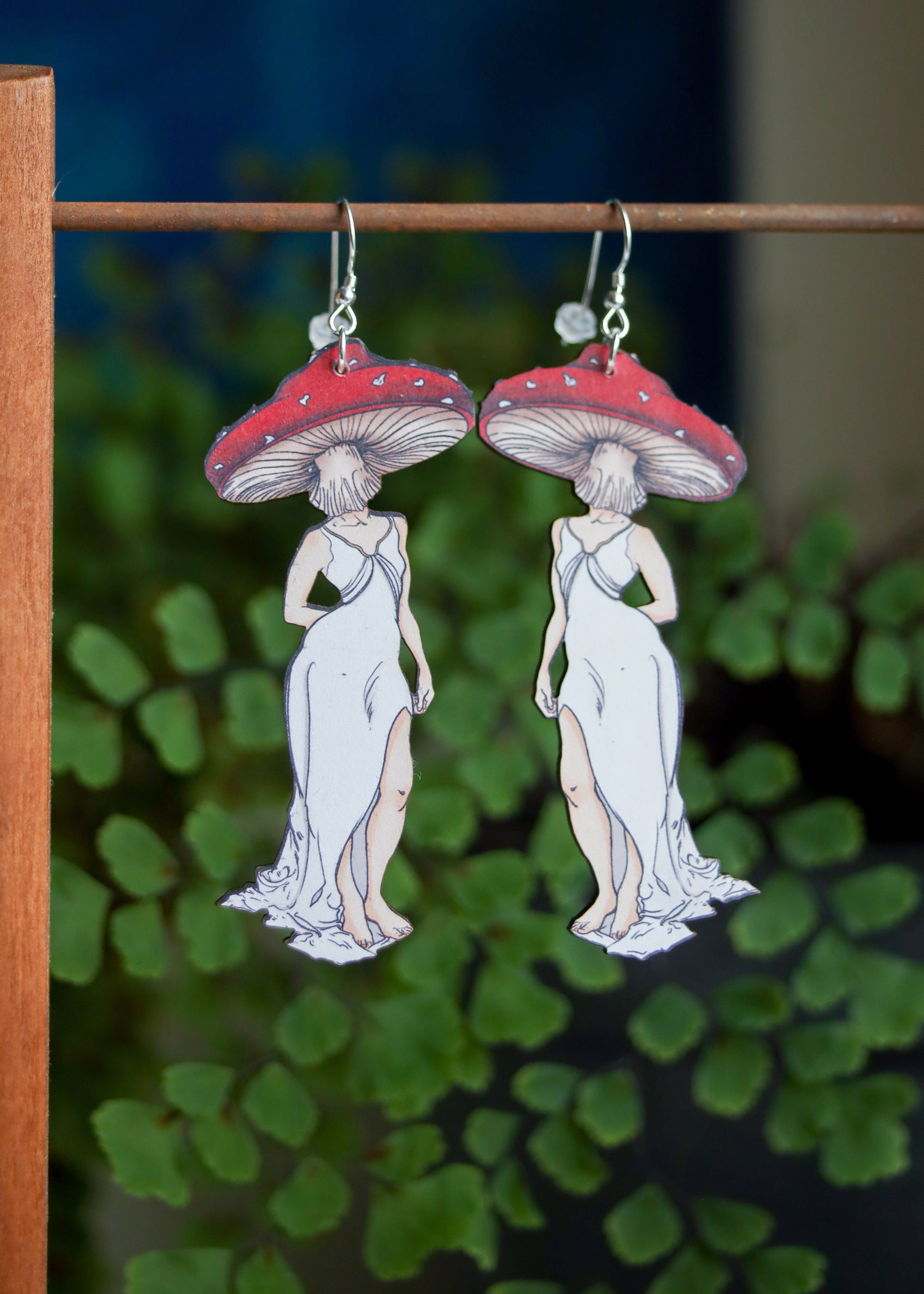 Mushroom Lady Earrings | Cottagecore Fairycore Fungi Jewelry | Mushroomcore Woodland Wooden Dangles | Sterling Silver Symmertrical Cute Art
