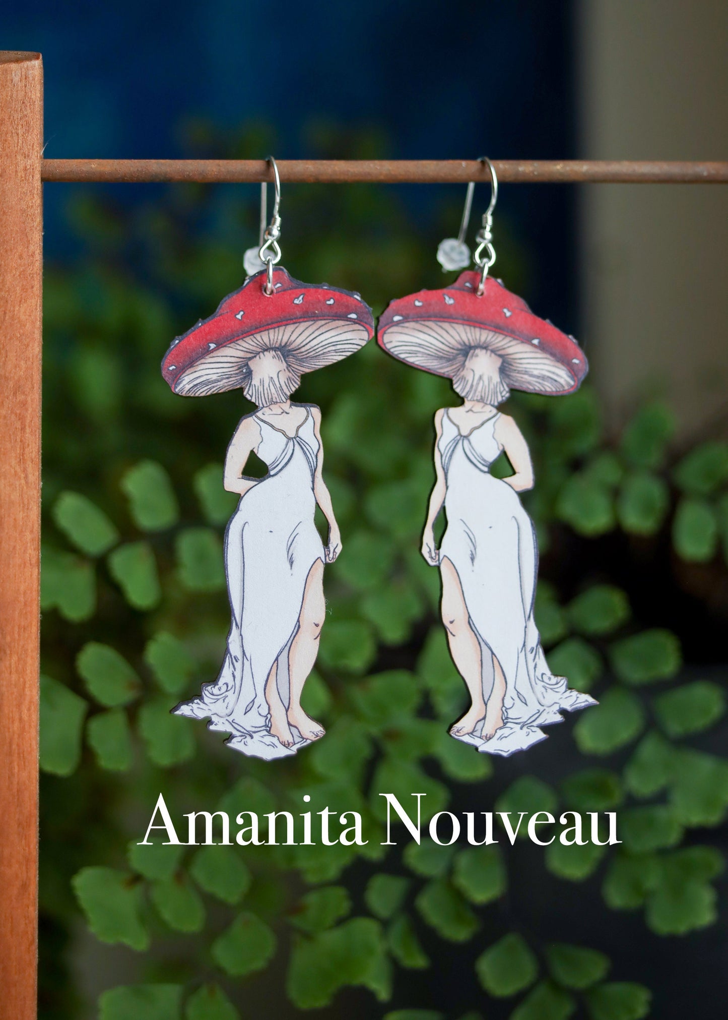 Mushroom Lady Earrings | Cottagecore Fairycore Fungi Jewelry | Mushroomcore Woodland Wooden Dangles | Sterling Silver Symmertrical Cute Art