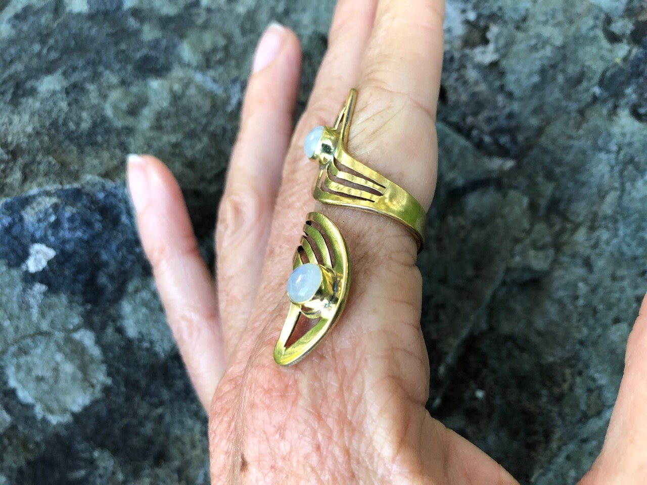 Brass Moon Ring | Adjustable Moonstone Gemstone Jewelry | Celestial Spiritual Crystal Healing | Gold Tone Crescent Witch Boho Lunar Goddess