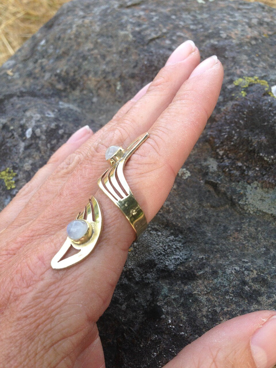 Brass Moon Ring | Adjustable Moonstone Gemstone Jewelry | Celestial Spiritual Crystal Healing | Gold Tone Crescent Witch Boho Lunar Goddess