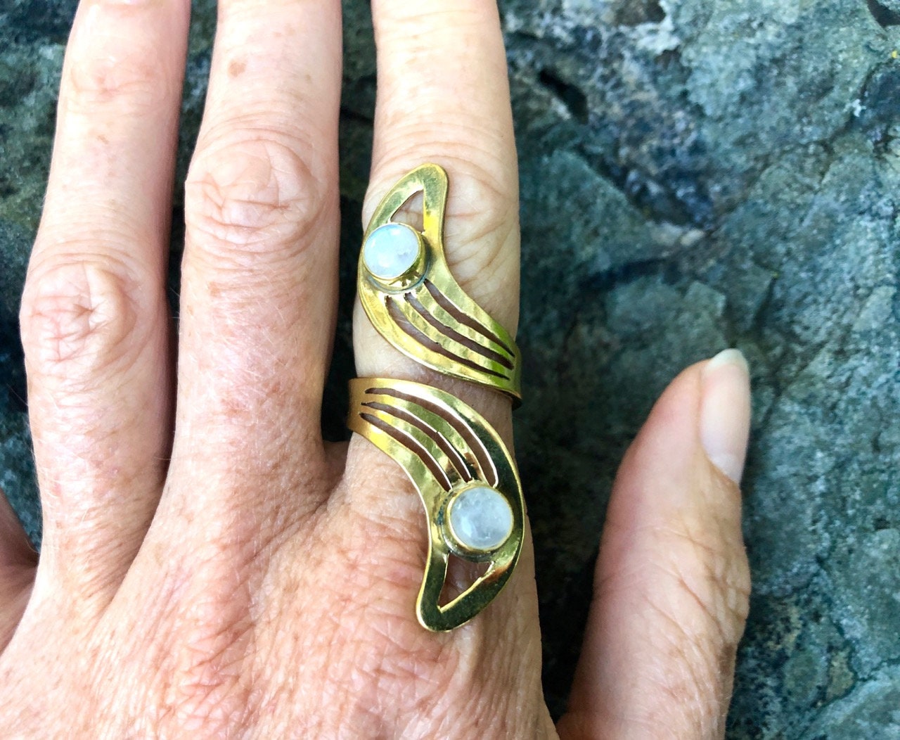 Brass Moon Ring | Adjustable Moonstone Gemstone Jewelry | Celestial Spiritual Crystal Healing | Gold Tone Crescent Witch Boho Lunar Goddess