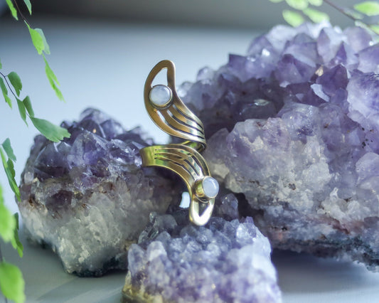 Brass Moon Ring | Adjustable Moonstone Gemstone Jewelry | Celestial Spiritual Crystal Healing | Gold Tone Crescent Witch Boho Lunar Goddess