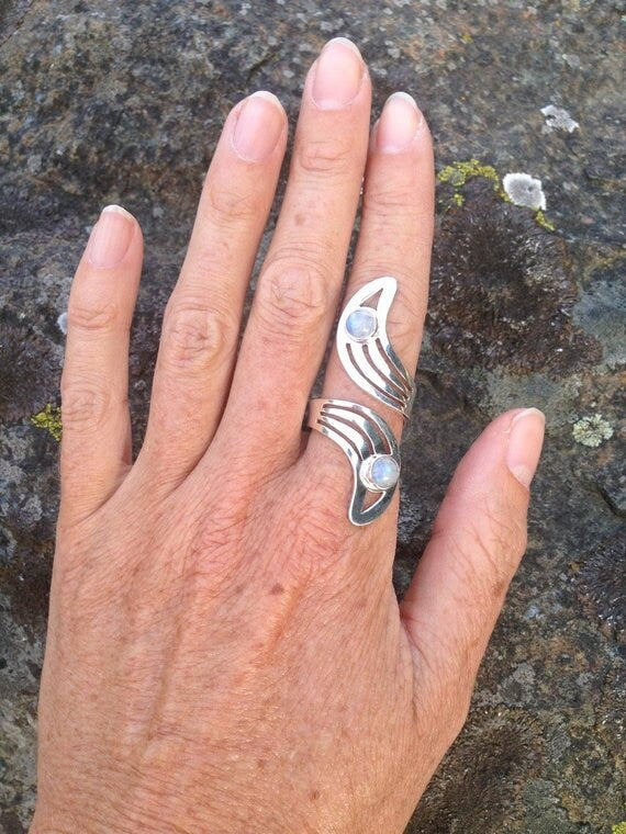 Adjustable Moonstone Ring | Sterling Silver Celestial Gemstone Jewelry | Witch Boho Crescent Lunar Goddess | Mystical Crystal Spiritual