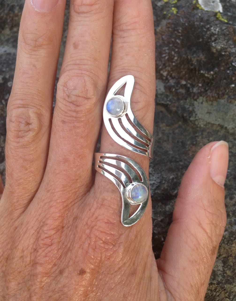 Adjustable Moonstone Ring | Sterling Silver Celestial Gemstone Jewelry | Witch Boho Crescent Lunar Goddess | Mystical Crystal Spiritual