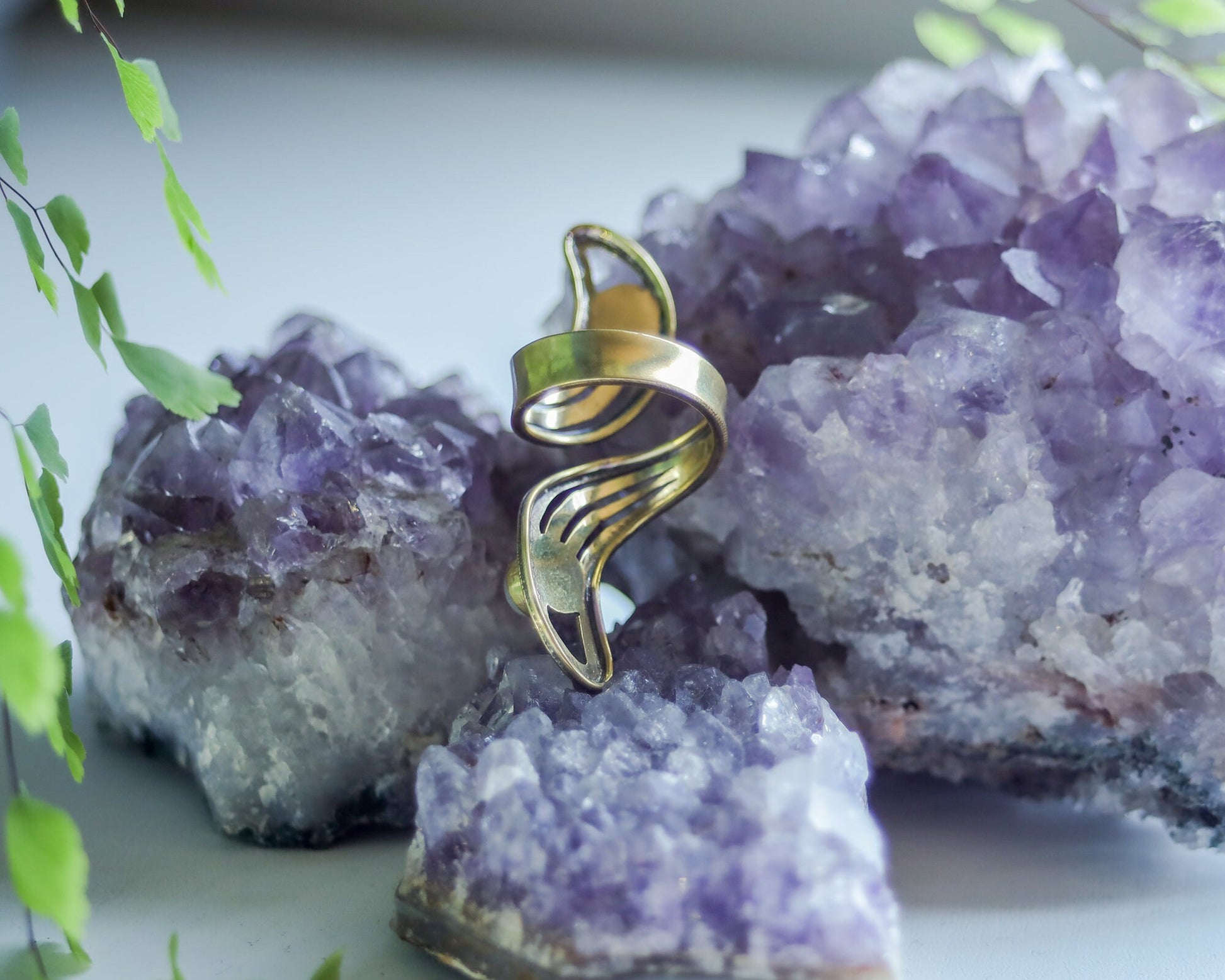 Brass Moon Ring | Adjustable Moonstone Gemstone Jewelry | Celestial Spiritual Crystal Healing | Gold Tone Crescent Witch Boho Lunar Goddess