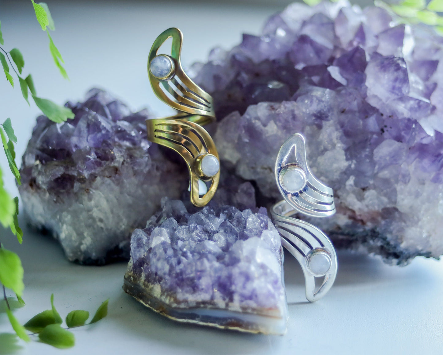 Brass Moon Ring | Adjustable Moonstone Gemstone Jewelry | Celestial Spiritual Crystal Healing | Gold Tone Crescent Witch Boho Lunar Goddess