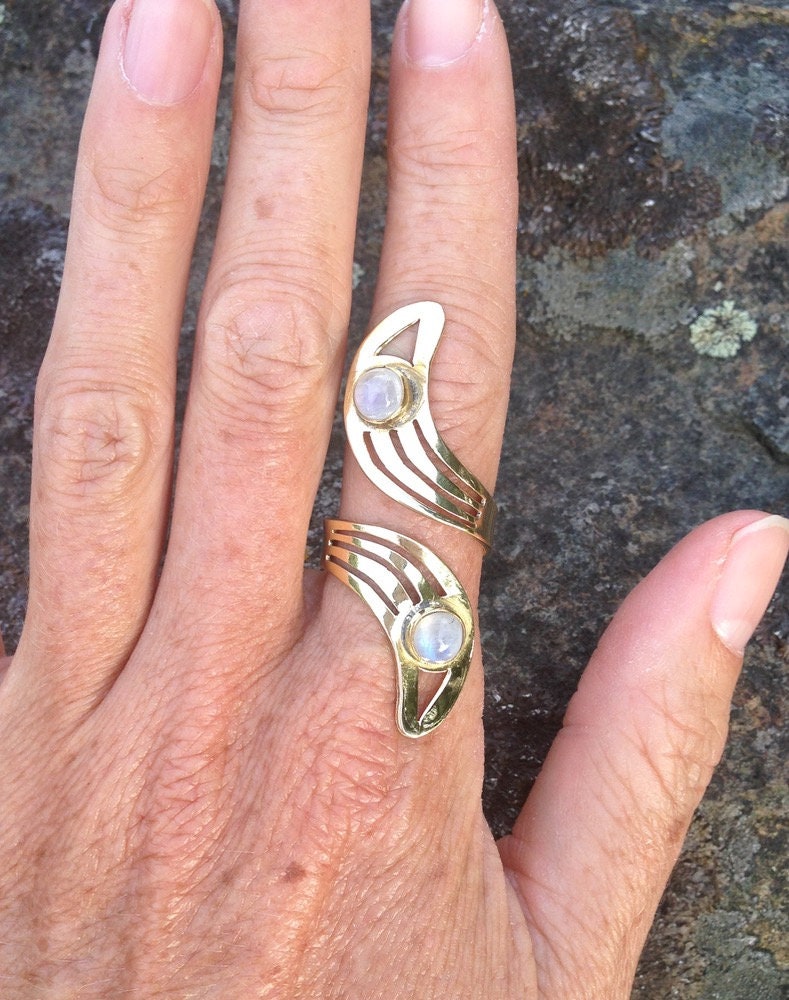 Brass Moon Ring | Adjustable Moonstone Gemstone Jewelry | Celestial Spiritual Crystal Healing | Gold Tone Crescent Witch Boho Lunar Goddess