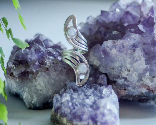 Adjustable Moonstone Ring | Sterling Silver Celestial Gemstone Jewelry | Witch Boho Crescent Lunar Goddess | Mystical Crystal Spiritual