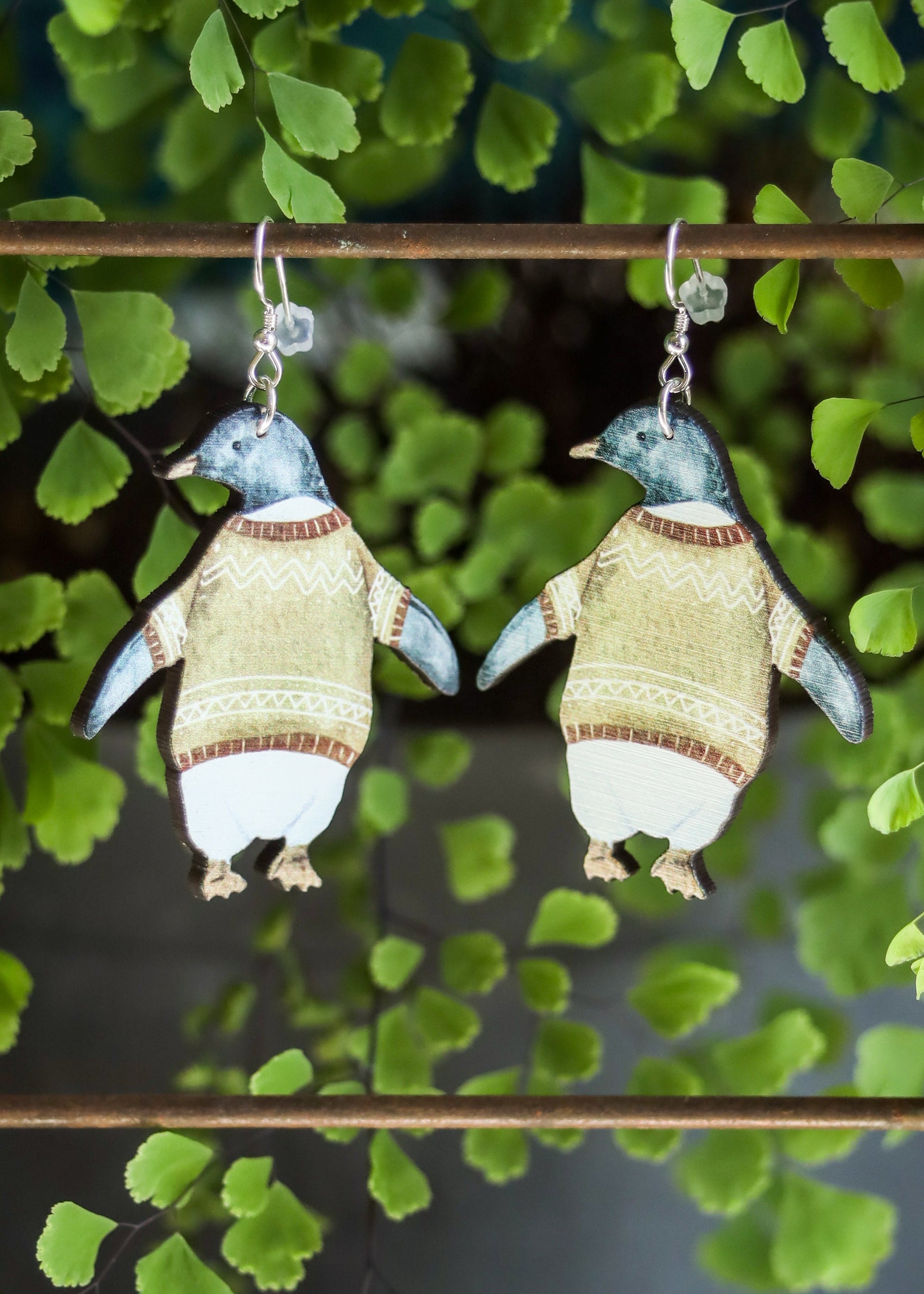 Penguin Earrings | Cozy Sweater Penguin Jewelry | Christmas Winter Holiday Animal Dangles | Cute Kawaii Quirky Laser Wood Cut