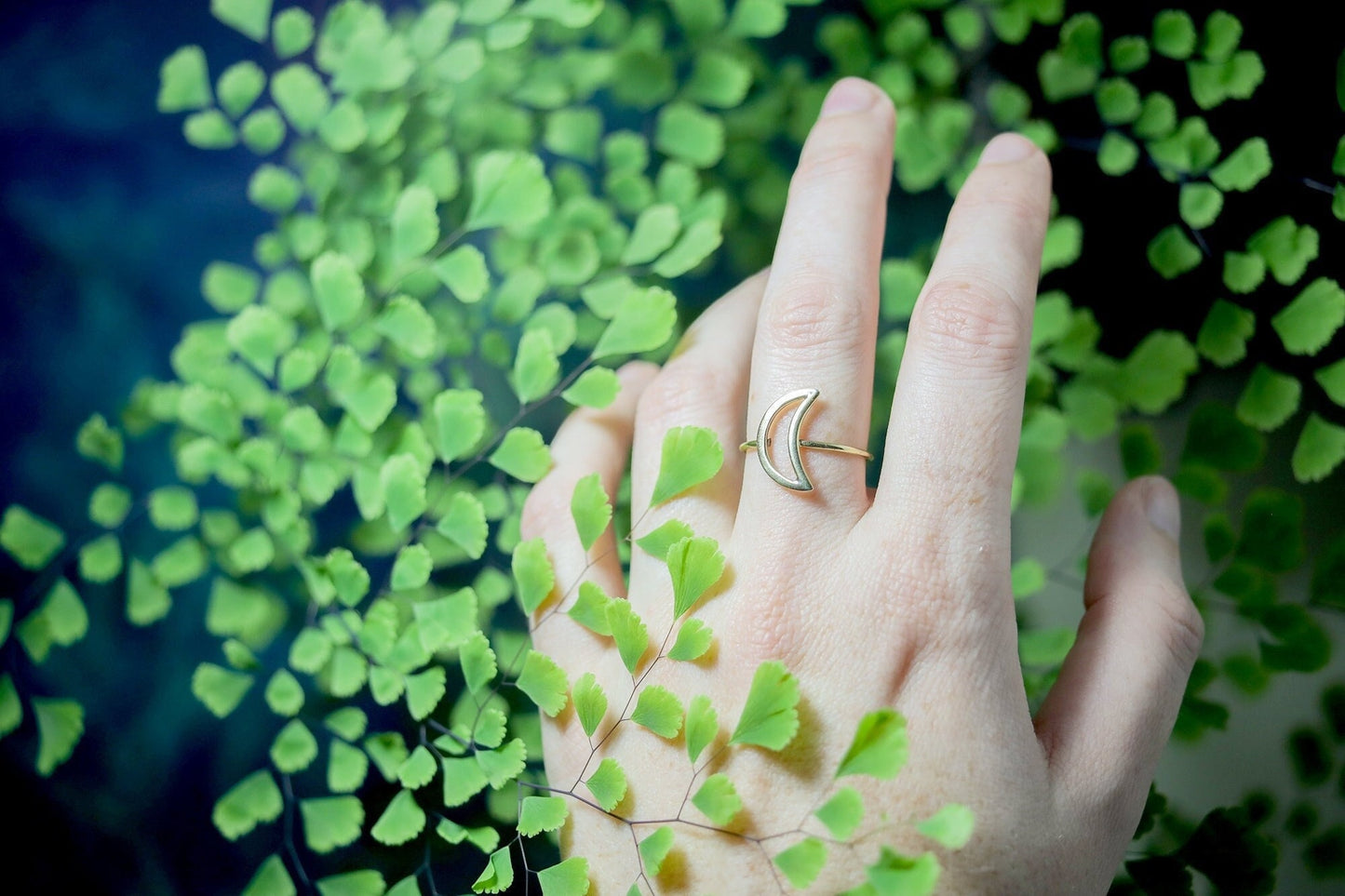 Crescent Moon Ring | Lunar Celestial Astrology Jewelry | Gold Tone Brass Minimalist Silhouette Outline | Boho Witchy Fairycore Goddess