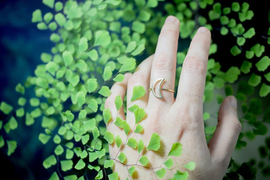 Crescent Moon Ring | Lunar Celestial Astrology Jewelry | Gold Tone Brass Minimalist Silhouette Outline | Boho Witchy Fairycore Goddess