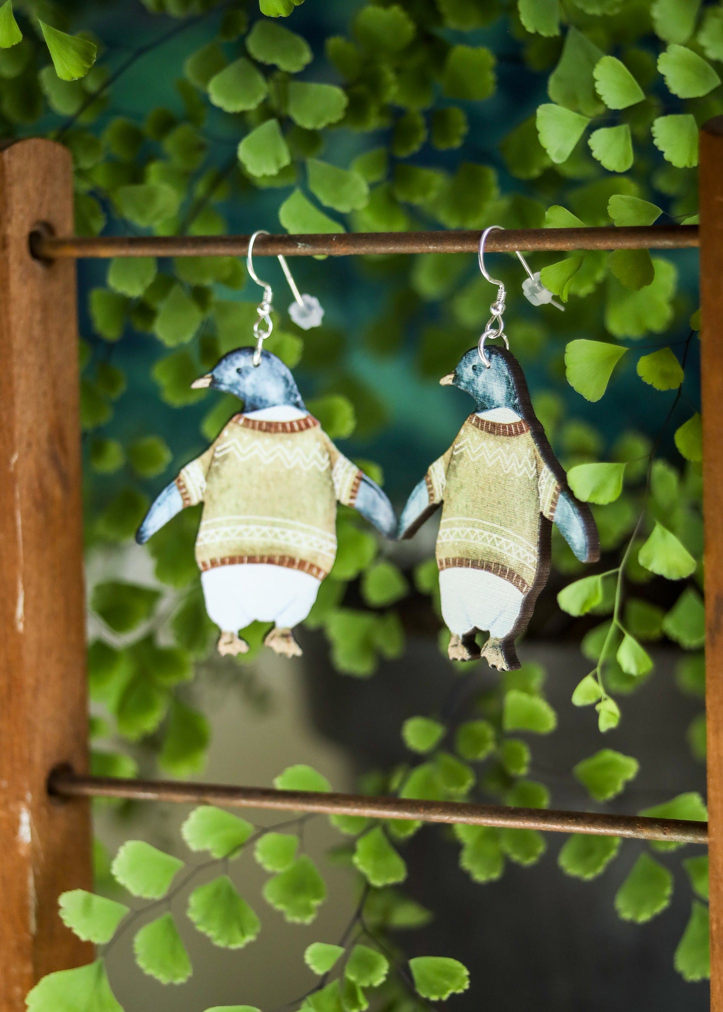 Penguin Earrings | Cozy Sweater Penguin Jewelry | Christmas Winter Holiday Animal Dangles | Cute Kawaii Quirky Laser Wood Cut