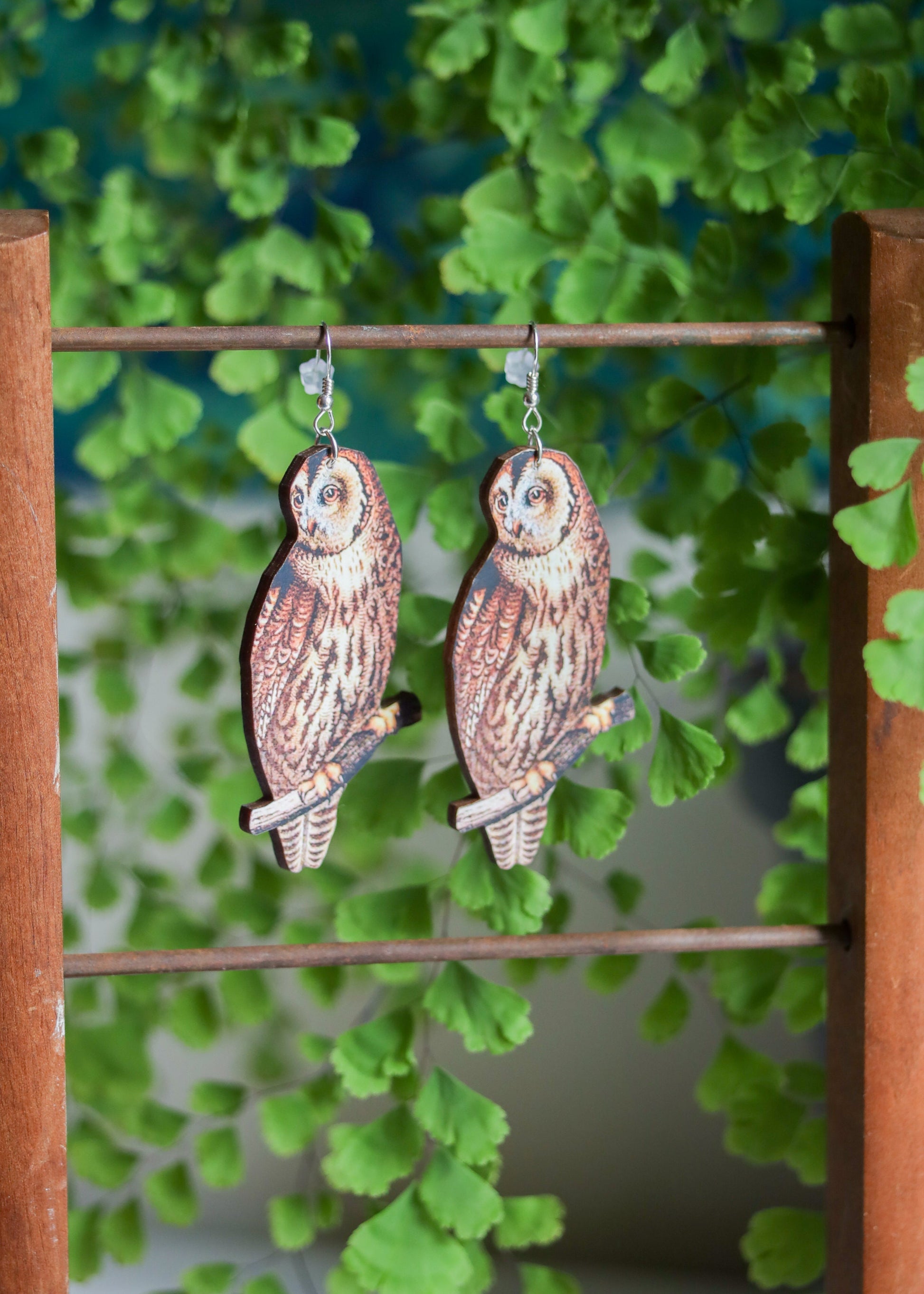 Owl Earrings | Whimsical Woodland Creature Dangles | Laser Cut Wooden Jewelry | Goblincore Fairycore Witchy Fantasy Spirit Animal