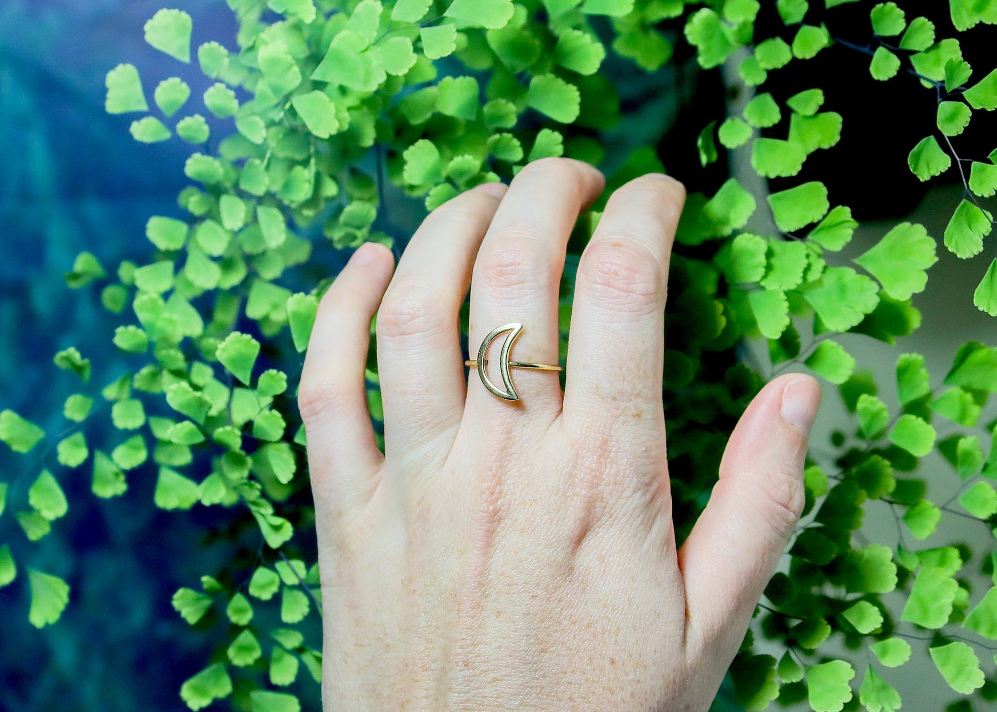 Crescent Moon Ring | Lunar Celestial Astrology Jewelry | Gold Tone Brass Minimalist Silhouette Outline | Boho Witchy Fairycore Goddess