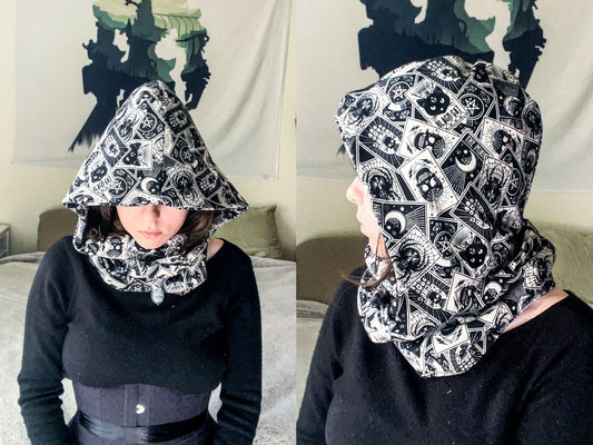 Tarot Card Infinity Scarf | Witchy Goth Hooded Neck Warmer | Celestial Fortune Teller Dark Fantasy Festival Head Wear | Cozy Flannel Scarves