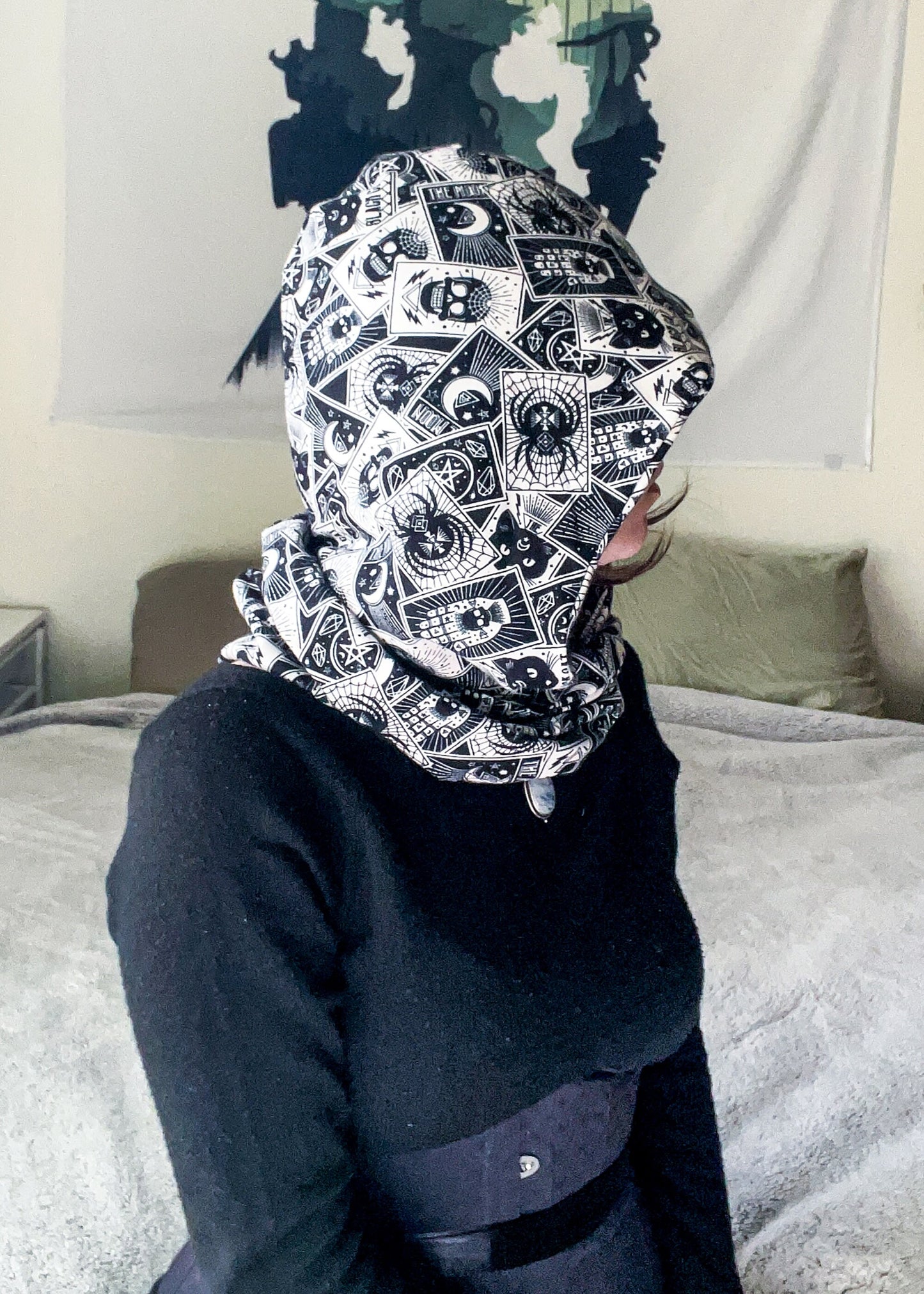 Tarot Card Infinity Scarf | Witchy Goth Hooded Neck Warmer | Celestial Fortune Teller Dark Fantasy Festival Head Wear | Cozy Flannel Scarves