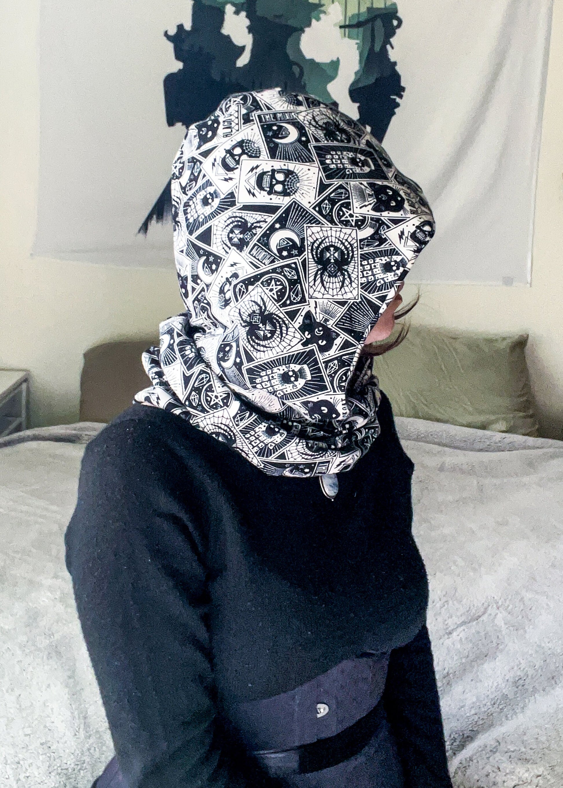 Tarot Card Infinity Scarf | Witchy Goth Hooded Neck Warmer | Celestial Fortune Teller Dark Fantasy Festival Head Wear | Cozy Flannel Scarves