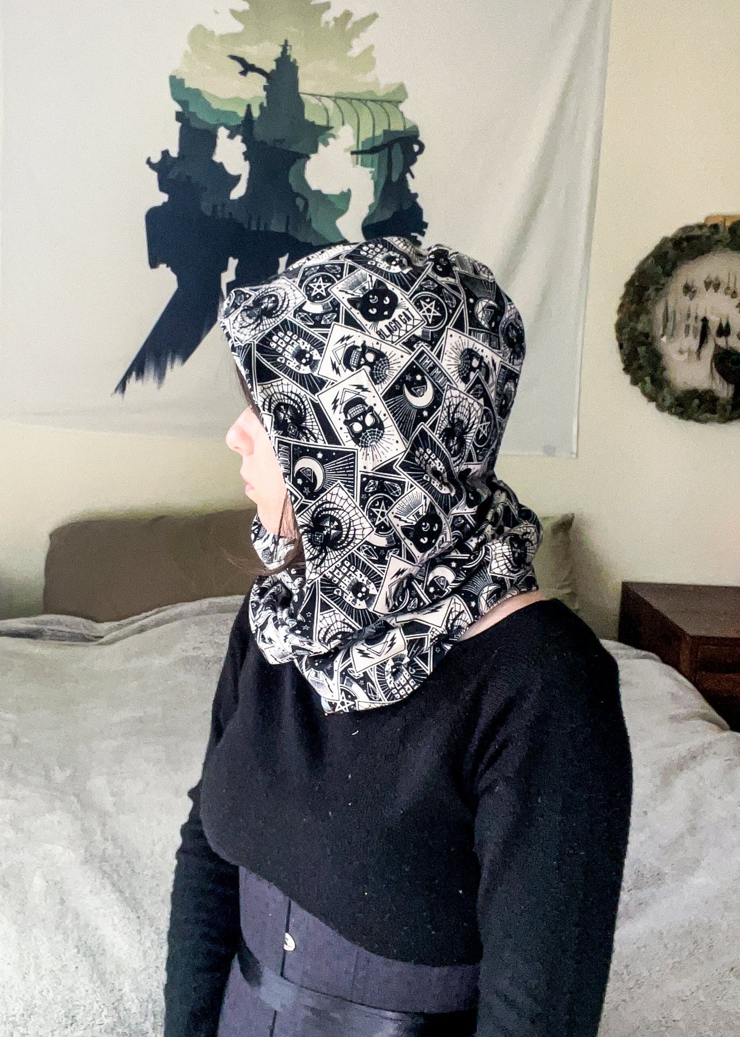 Tarot Card Infinity Scarf | Witchy Goth Hooded Neck Warmer | Celestial Fortune Teller Dark Fantasy Festival Head Wear | Cozy Flannel Scarves