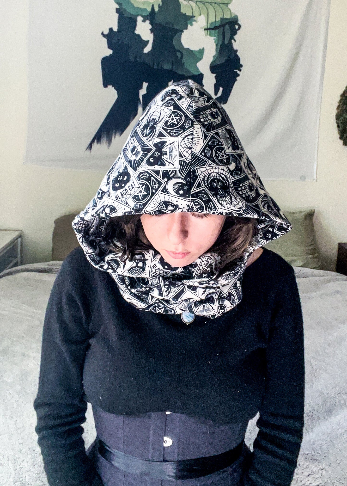 Tarot Card Infinity Scarf | Witchy Goth Hooded Neck Warmer | Celestial Fortune Teller Dark Fantasy Festival Head Wear | Cozy Flannel Scarves