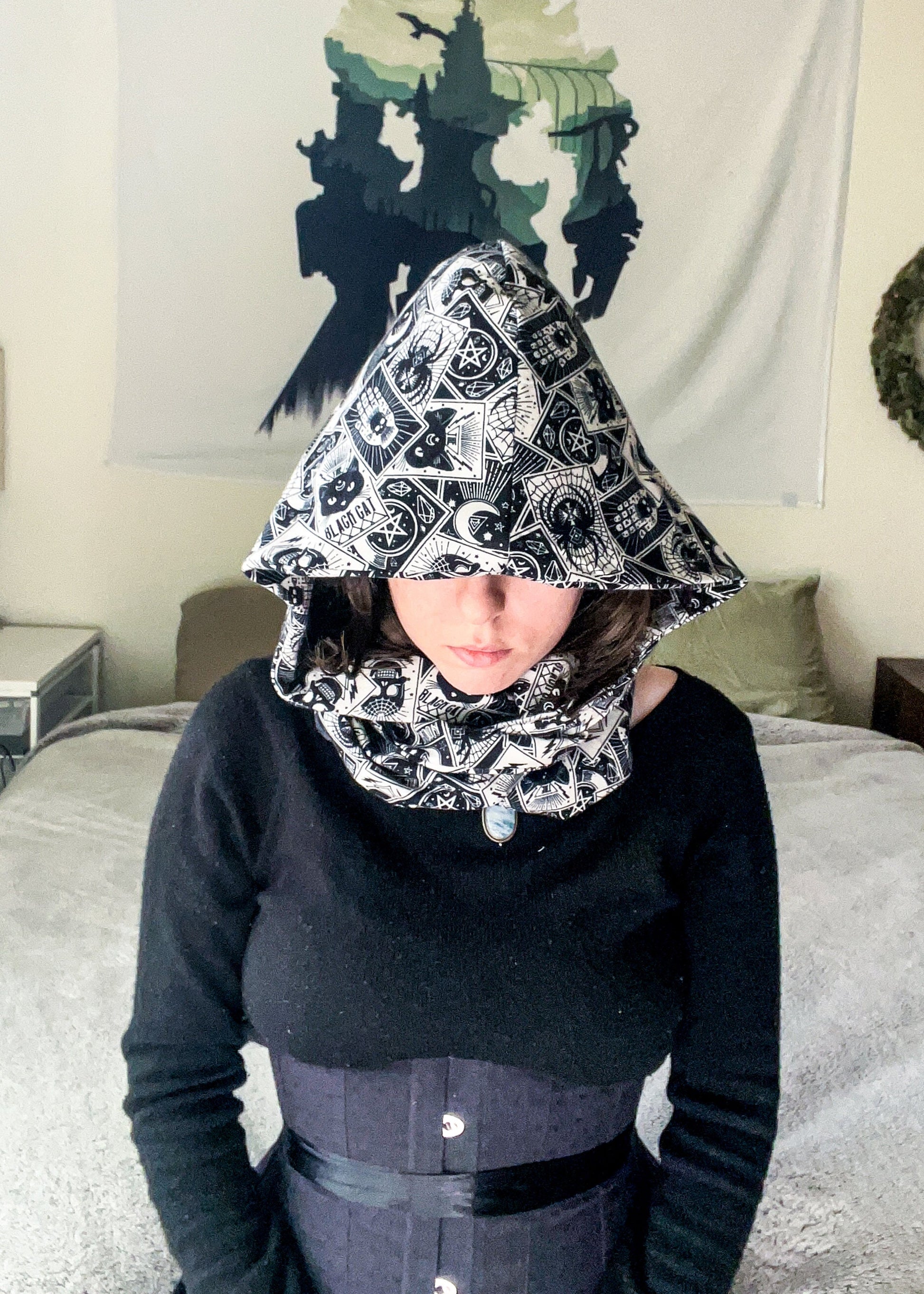 Tarot Card Infinity Scarf | Witchy Goth Hooded Neck Warmer | Celestial Fortune Teller Dark Fantasy Festival Head Wear | Cozy Flannel Scarves