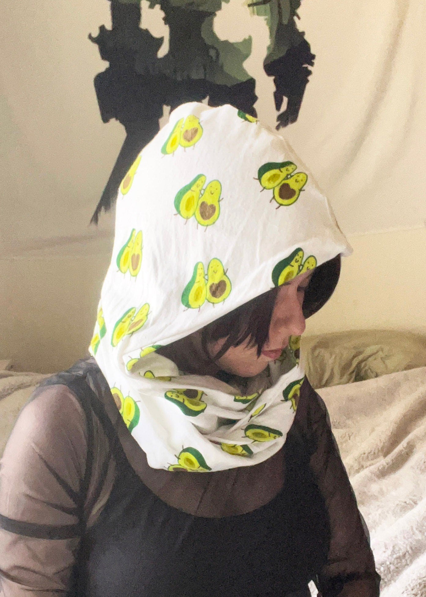 Flannel Cowl Scarf | Cute Avocado Infinity Scarves | Cozy Festival Hooded Head Wrap Hoodie | Kawaii Neck Warmer Snood Thneed Loop Shrug