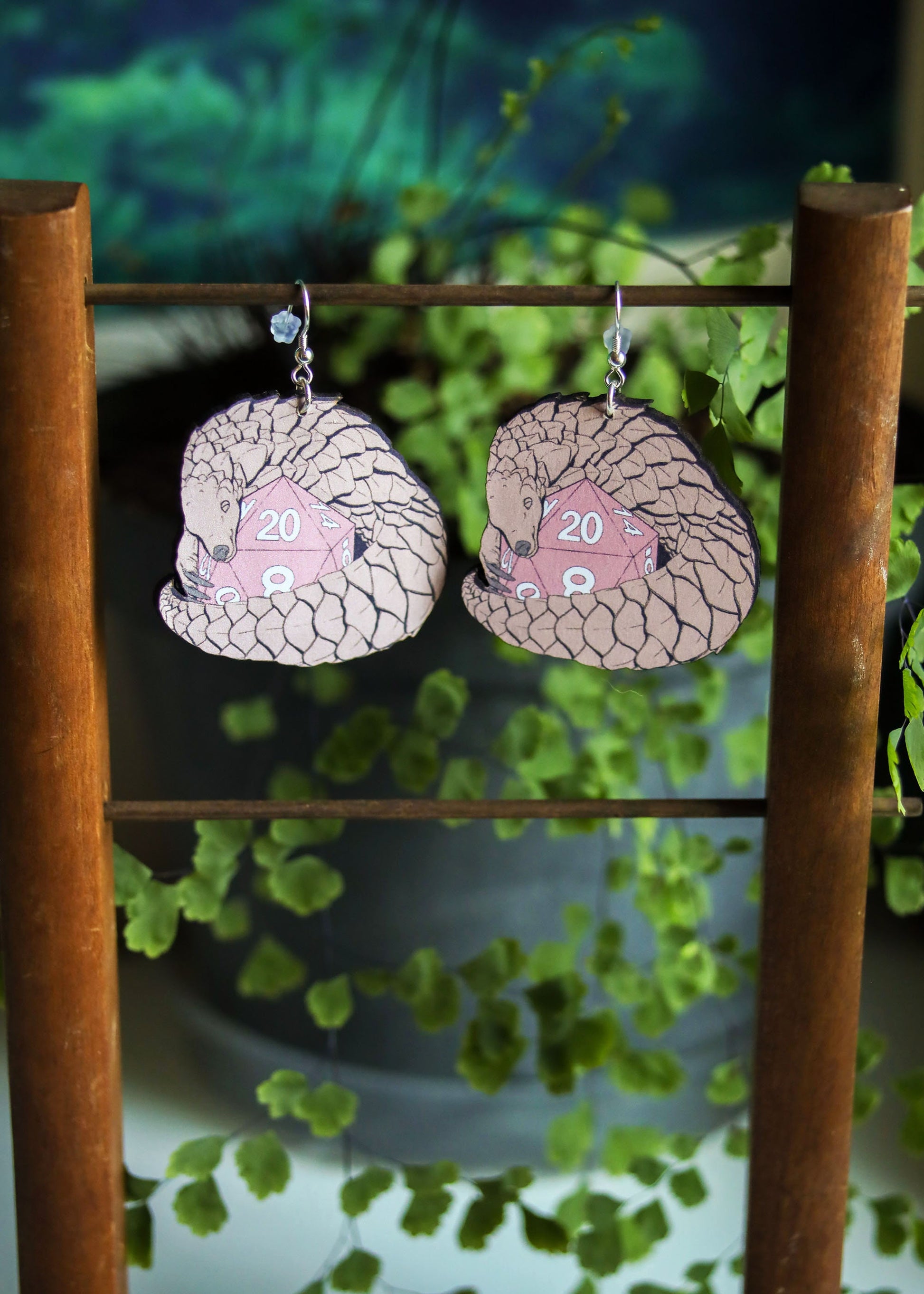 Pangolin Dice Earrings | Nerdy Geeky Wildlife Animal Jewelry | Fantasy Tabletop Board Game Gift | Fairycore Goblincore Role Play Accessories
