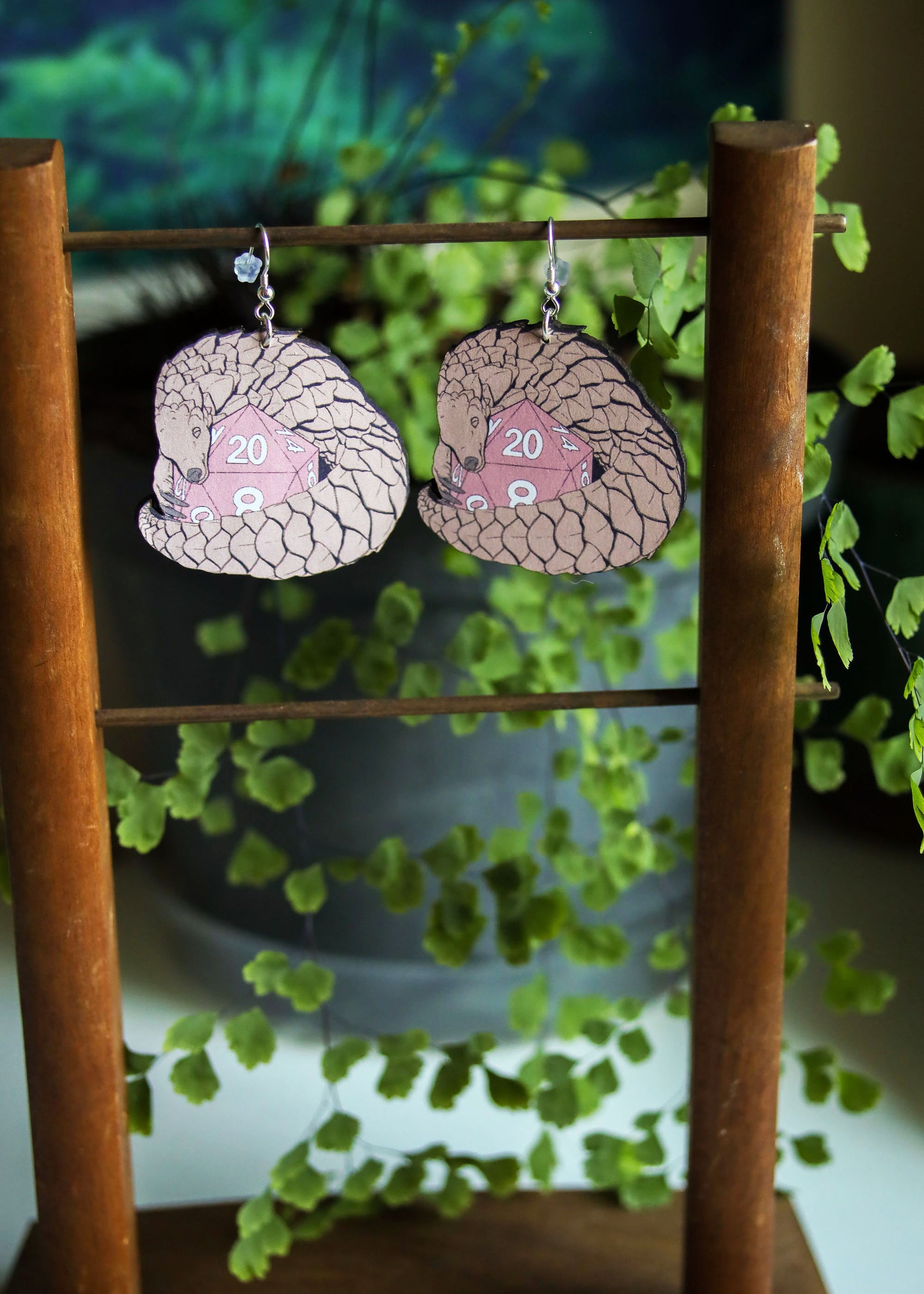 Pangolin Dice Earrings | Nerdy Geeky Wildlife Animal Jewelry | Fantasy Tabletop Board Game Gift | Fairycore Goblincore Role Play Accessories