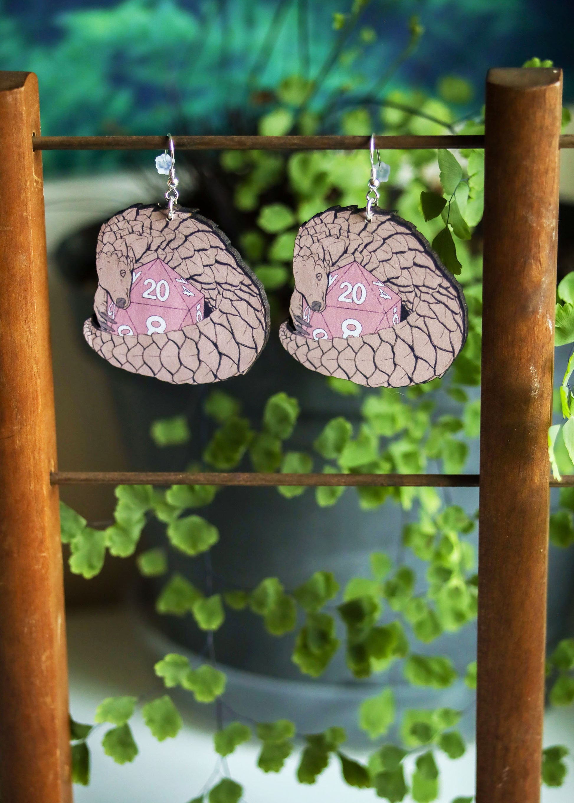 Pangolin Dice Earrings | Nerdy Geeky Wildlife Animal Jewelry | Fantasy Tabletop Board Game Gift | Fairycore Goblincore Role Play Accessories