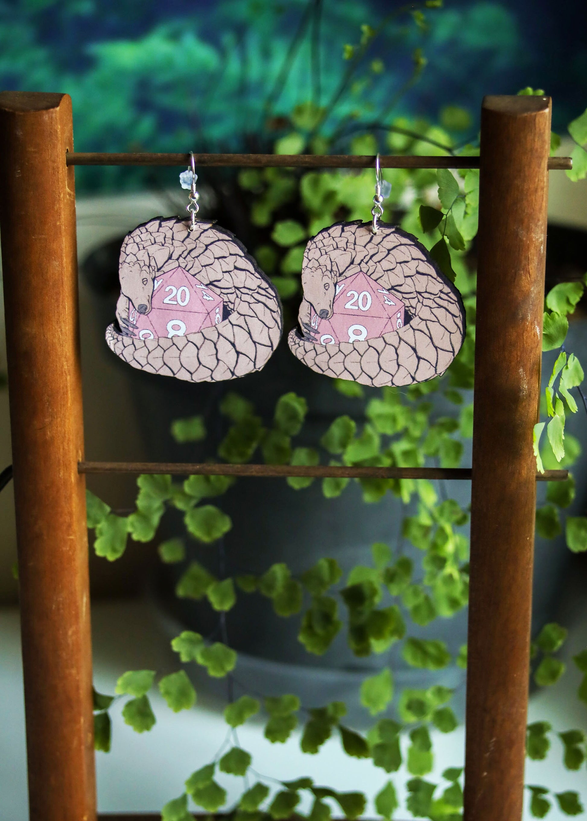Pangolin Dice Earrings | Nerdy Geeky Wildlife Animal Jewelry | Fantasy Tabletop Board Game Gift | Fairycore Goblincore Role Play Accessories