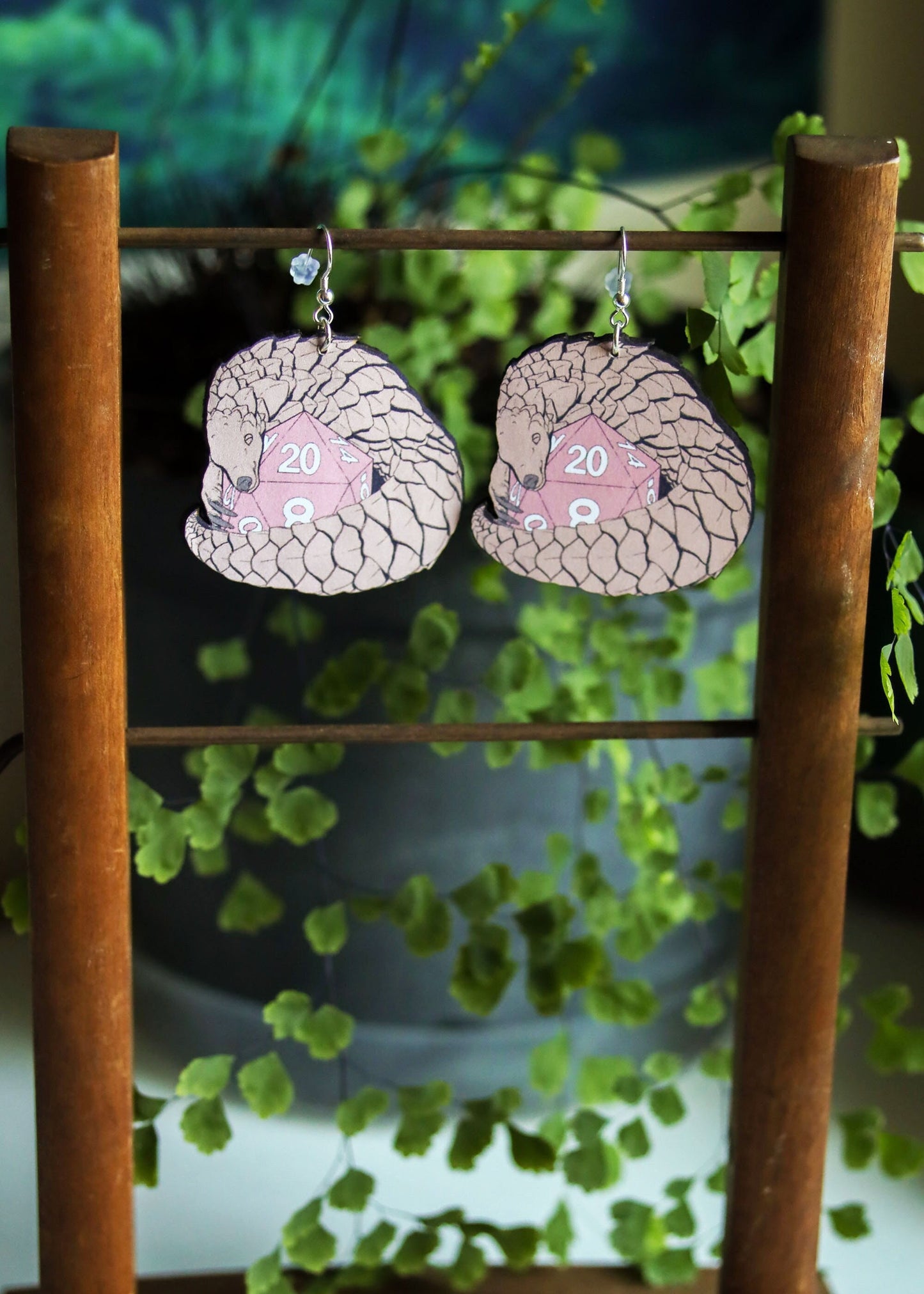 Pangolin Dice Earrings | Nerdy Geeky Wildlife Animal Jewelry | Fantasy Tabletop Board Game Gift | Fairycore Goblincore Role Play Accessories