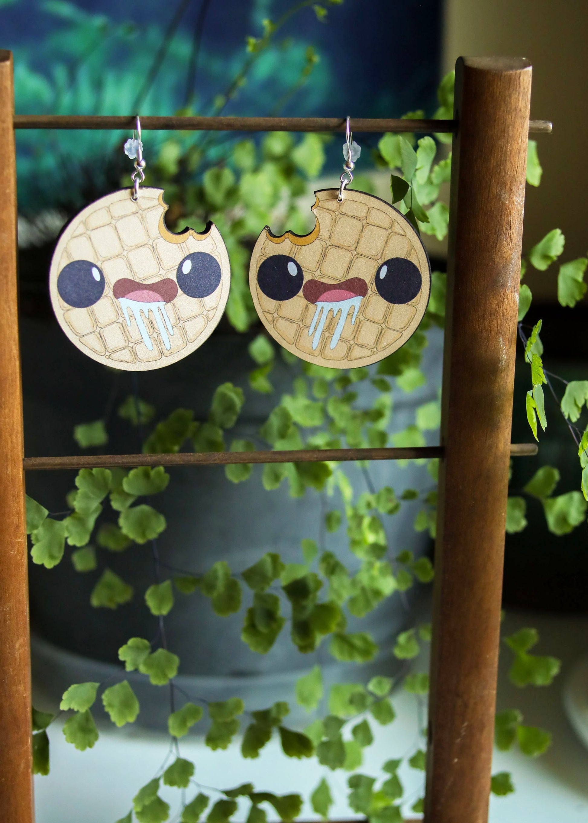 Mindless Waffle Earrings | Breakfast Miniature Food Charm Jewelry | Quirky Nerdy Cute Kawaii Anime Dangles | Fantasy Snack Accessories
