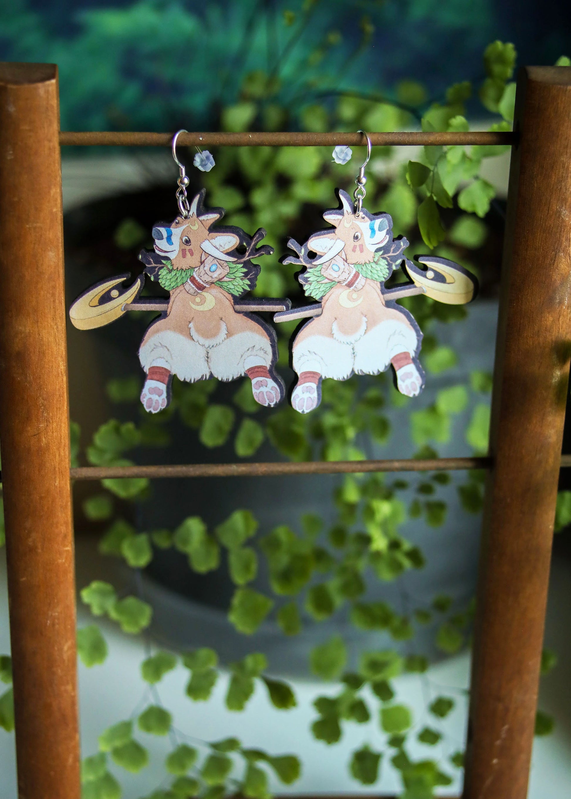 Mythical Corgi Druid Earrings | Fantasy Inspired Nerdy Geeky Jewelry | Mystical Hellhounds Dog Griffin Butt | Witchy Beast God Moon Staff