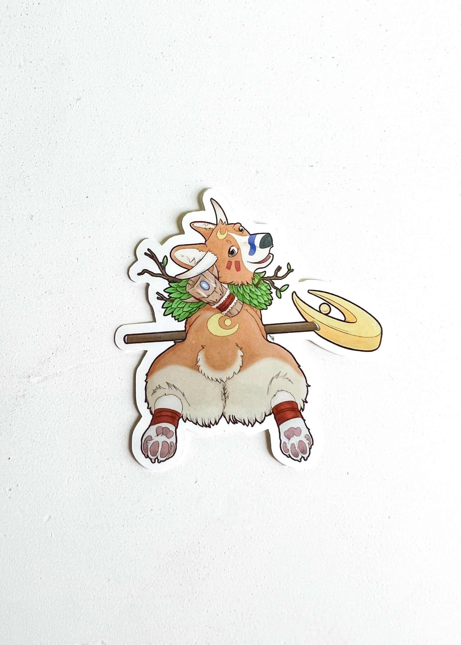 Mythical Corgi Druid Sticker | Fantasy Nerdy Art | Mystical Hellhounds Dog Griffin Butt | Witchy Beast Moon Staff | Waterproof Vinyl Glossy