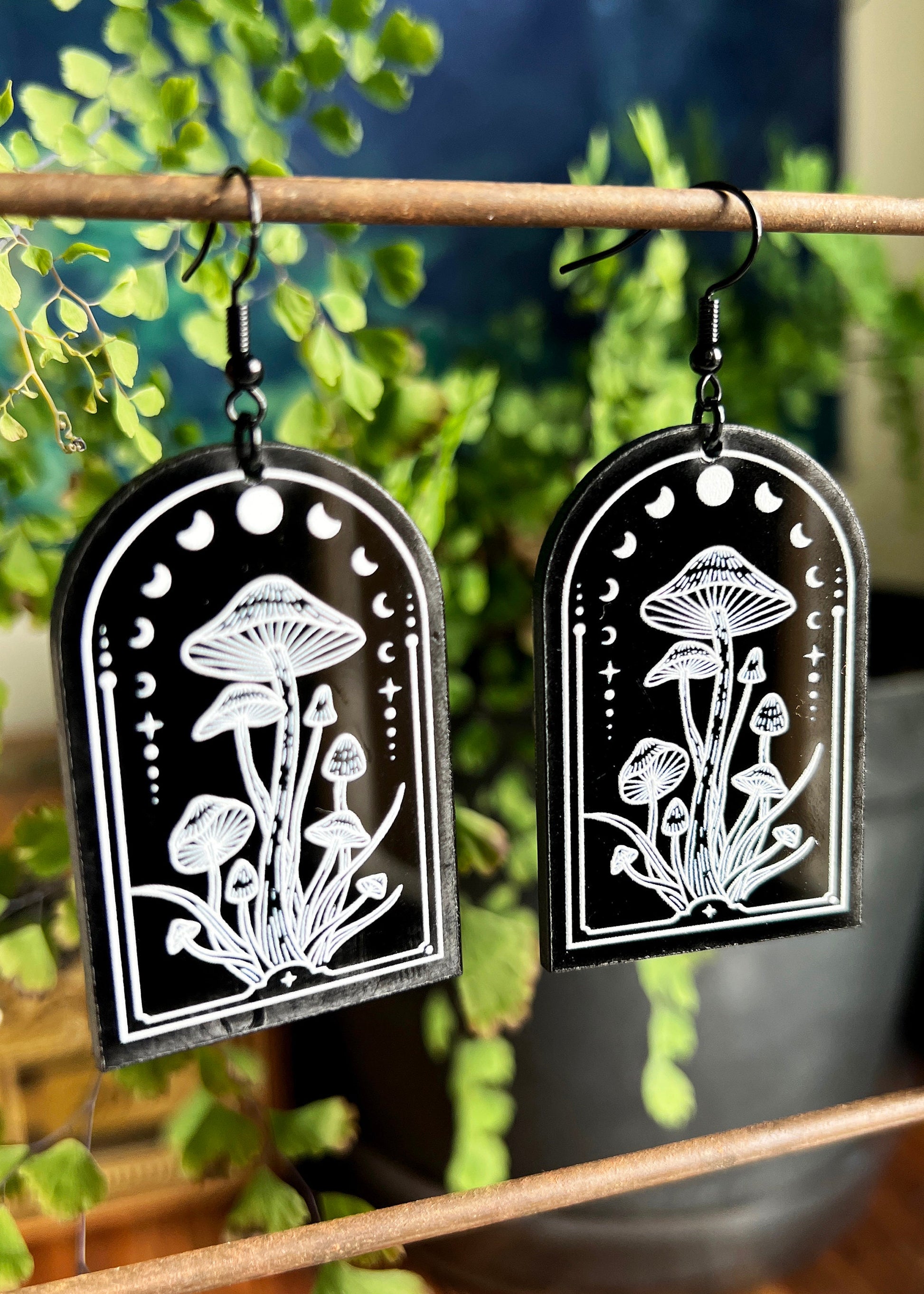 Black Acrylic Earrings | Lunar Mushroom Celestial Jewelry | Witch Goth Moon Fantasy Charm | Mushroomcore Dark Academia Arch Mycology Plant
