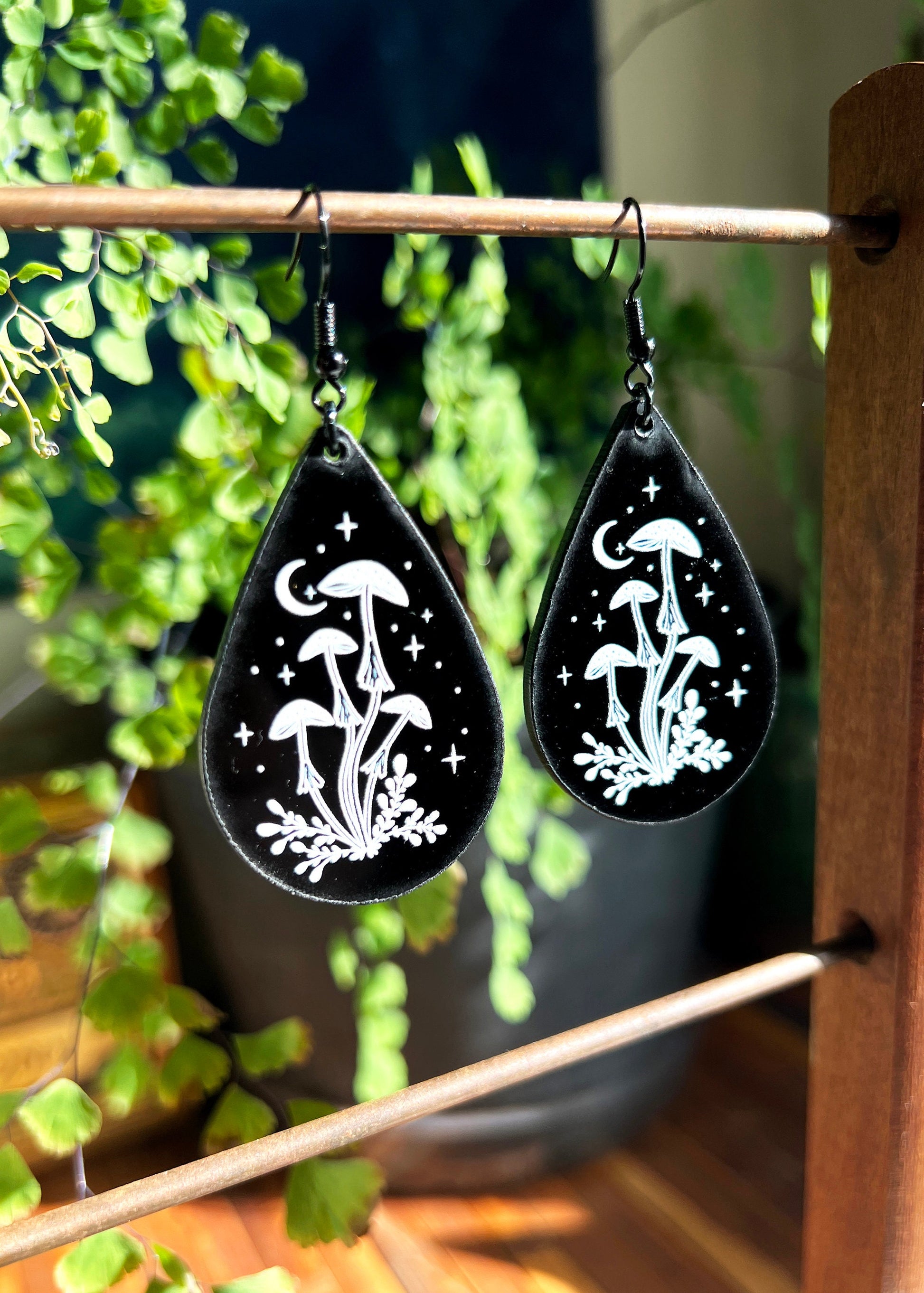 Black Acrylic Earrings | Mushroom Celestial Teardrop Jewelry | Witch Goth Moon Fantasy Charm | Mushroomcore Dark Academia Mycology Dangles