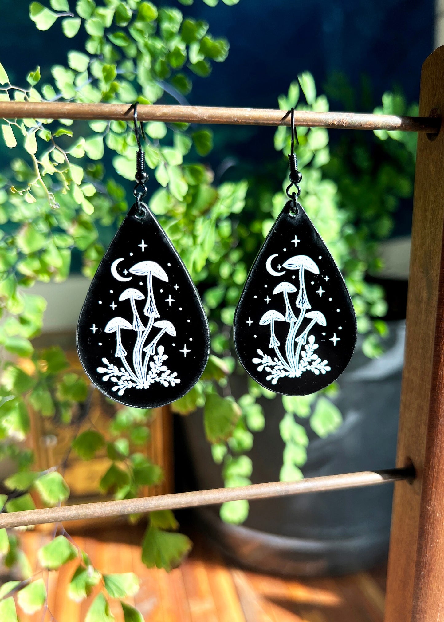 Black Acrylic Earrings | Mushroom Celestial Teardrop Jewelry | Witch Goth Moon Fantasy Charm | Mushroomcore Dark Academia Mycology Dangles