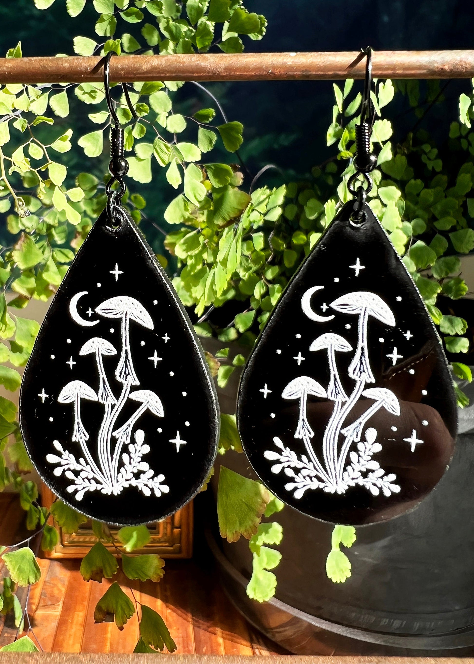 Black Acrylic Earrings | Mushroom Celestial Teardrop Jewelry | Witch Goth Moon Fantasy Charm | Mushroomcore Dark Academia Mycology Dangles