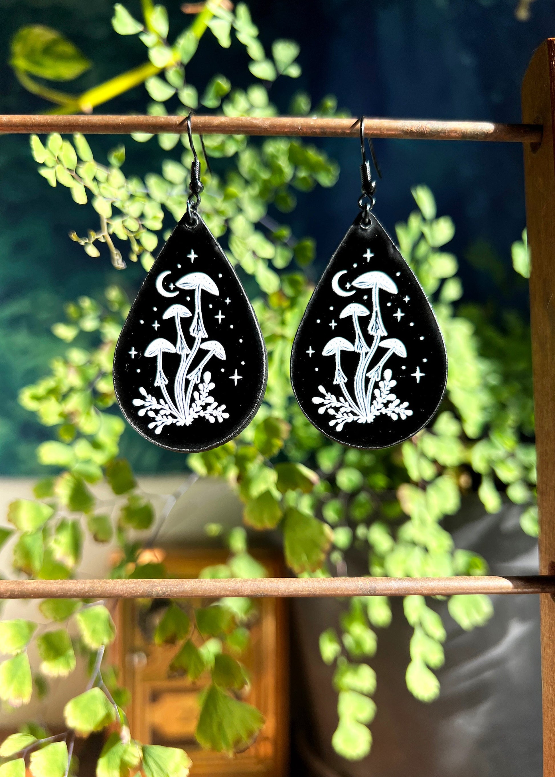 Black Acrylic Earrings | Mushroom Celestial Teardrop Jewelry | Witch Goth Moon Fantasy Charm | Mushroomcore Dark Academia Mycology Dangles