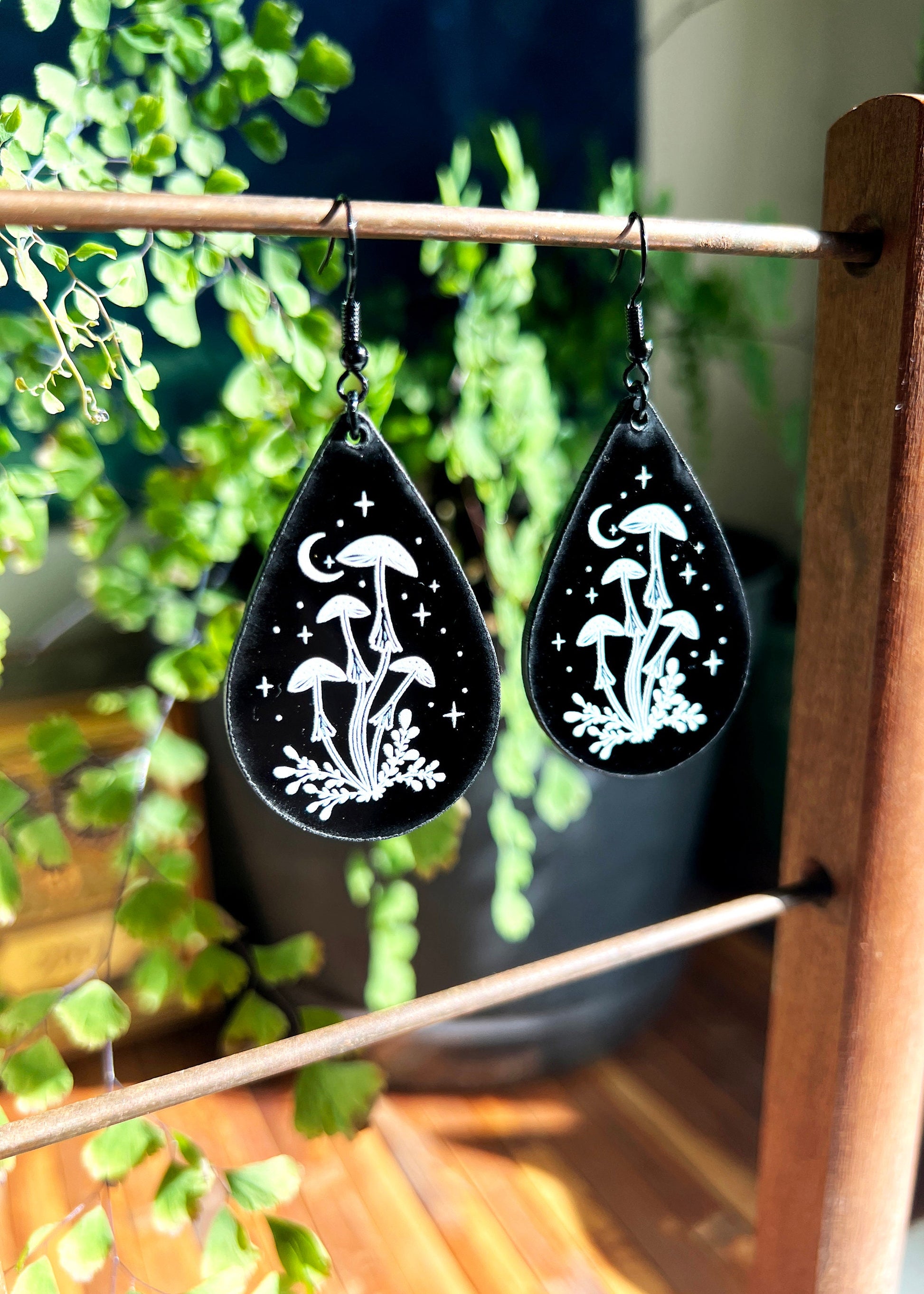 Black Acrylic Earrings | Mushroom Celestial Teardrop Jewelry | Witch Goth Moon Fantasy Charm | Mushroomcore Dark Academia Mycology Dangles