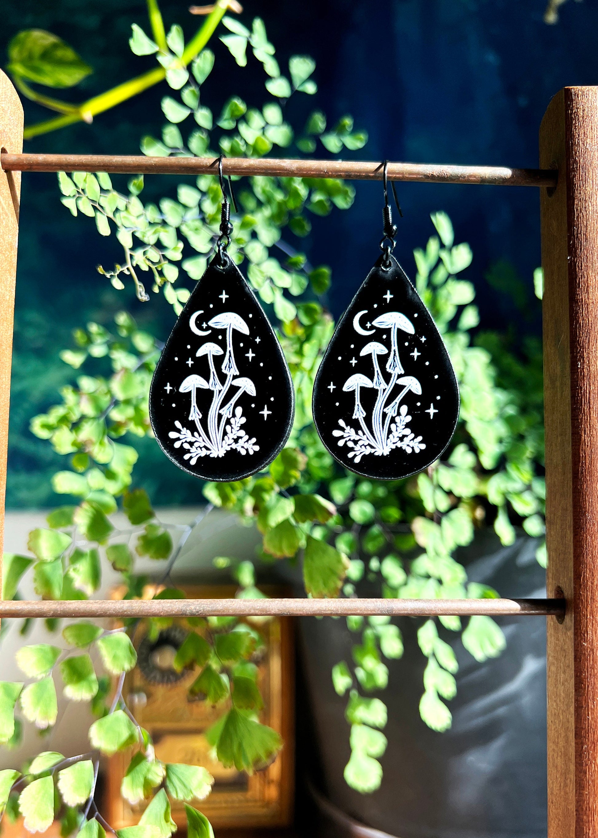 Black Acrylic Earrings | Mushroom Celestial Teardrop Jewelry | Witch Goth Moon Fantasy Charm | Mushroomcore Dark Academia Mycology Dangles