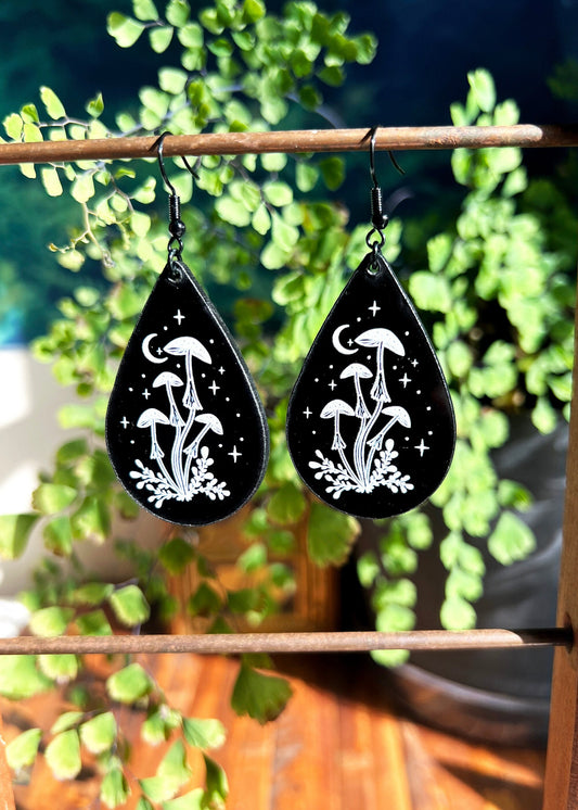 Black Acrylic Earrings | Mushroom Celestial Teardrop Jewelry | Witch Goth Moon Fantasy Charm | Mushroomcore Dark Academia Mycology Dangles