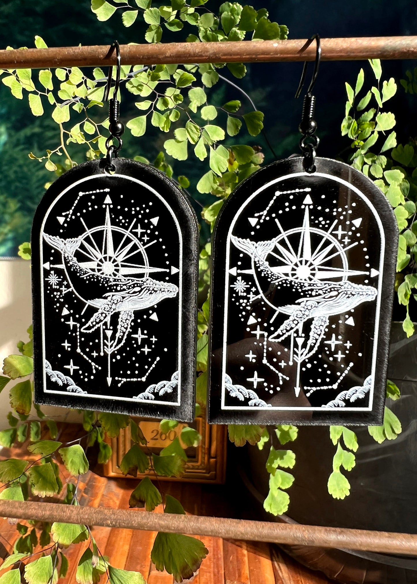Black Acrylic Earrings | Flying Whale Nautical Jewelry | Witch Goth Compass Fantasy Charm | Dark Academia Ocean Grunge Mystical Arch Dangles