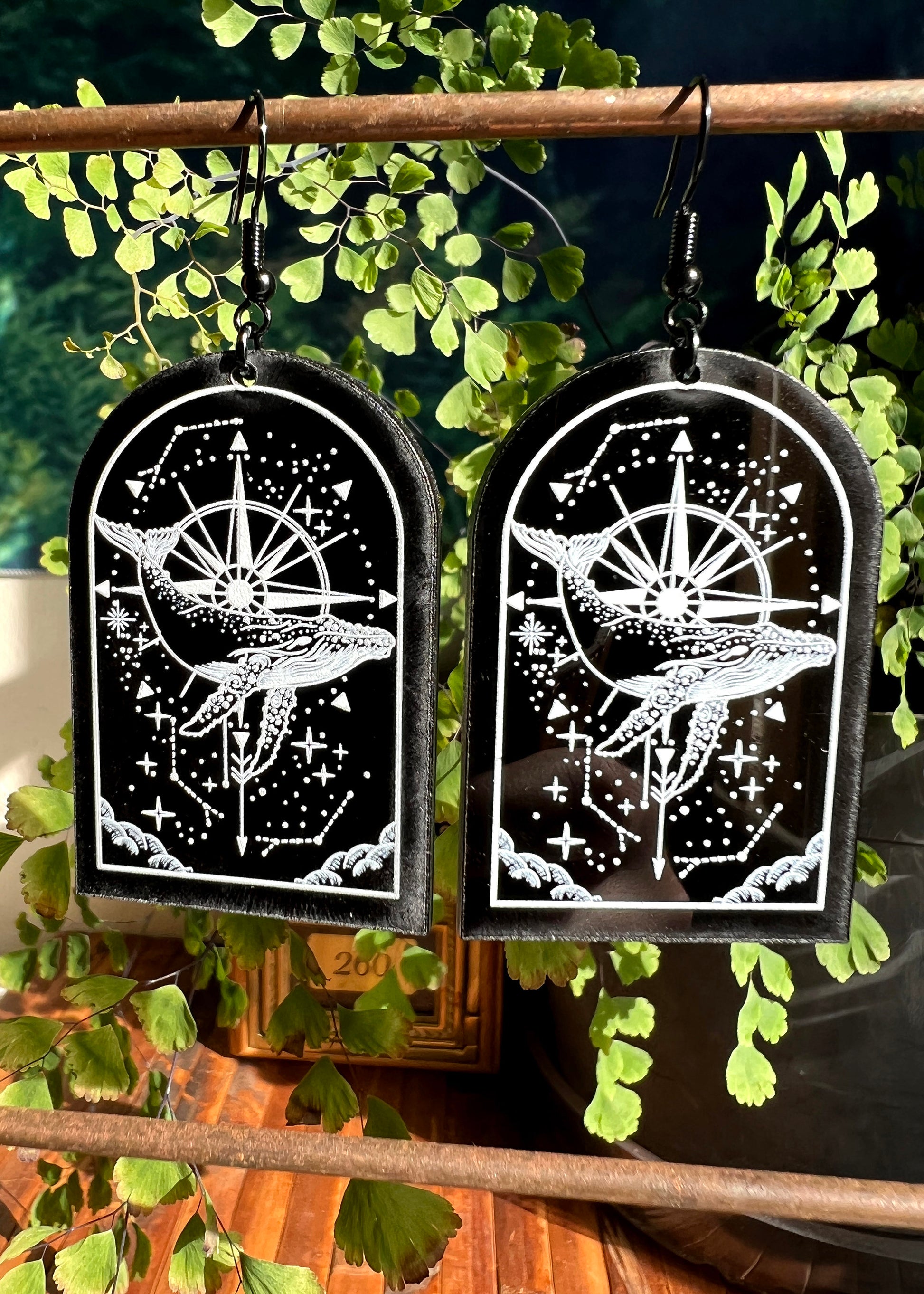 Black Acrylic Earrings | Flying Whale Nautical Jewelry | Witch Goth Compass Fantasy Charm | Dark Academia Ocean Grunge Mystical Arch Dangles