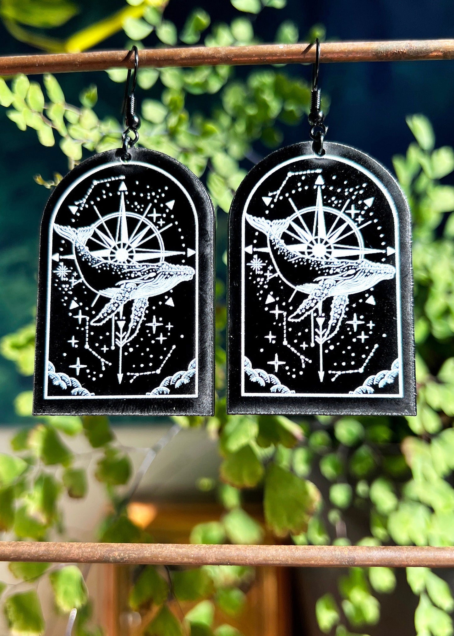 Black Acrylic Earrings | Flying Whale Nautical Jewelry | Witch Goth Compass Fantasy Charm | Dark Academia Ocean Grunge Mystical Arch Dangles