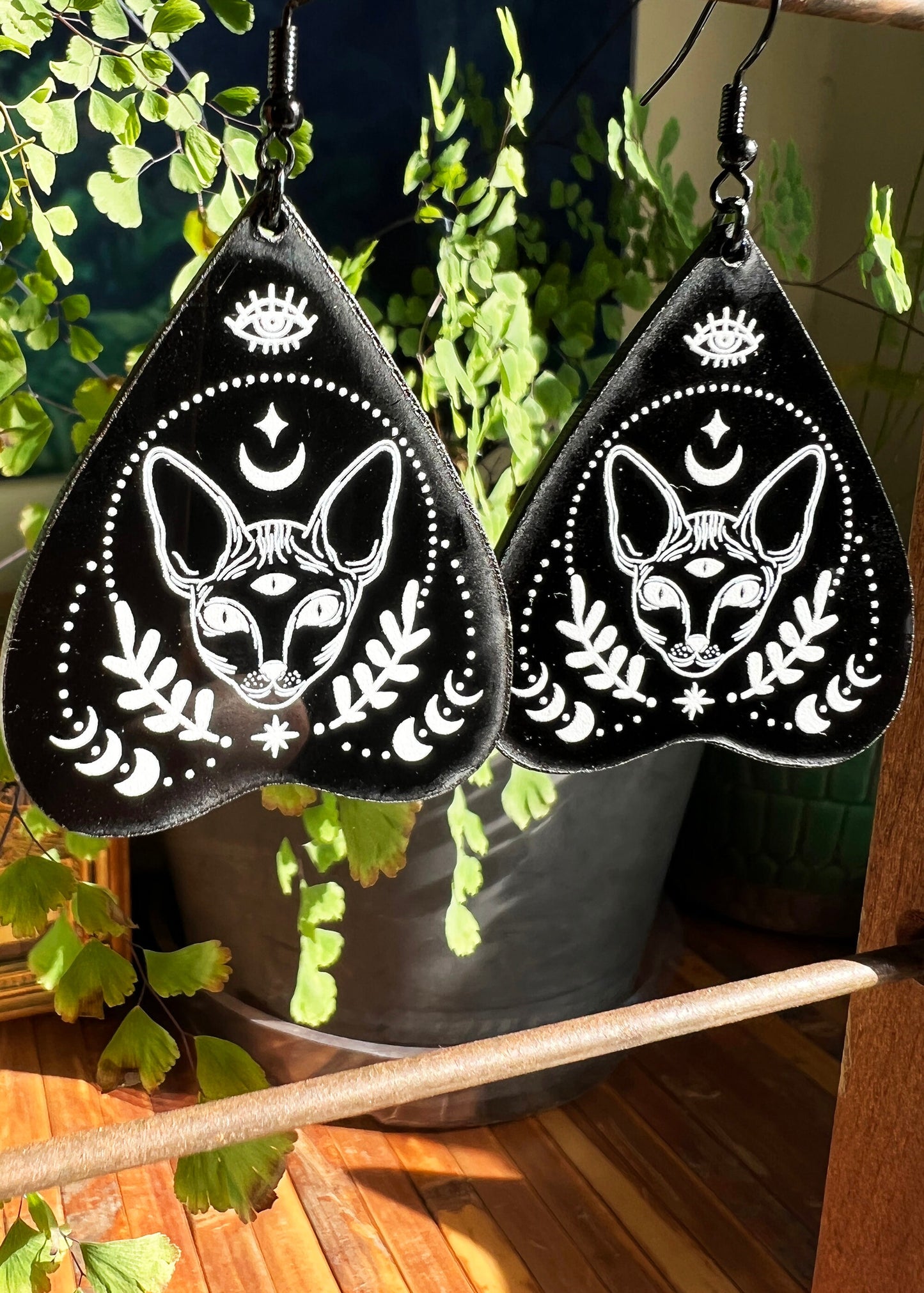 Black Acrylic Earrings | Trippy Third Eye Cat Jewelry | Witch Goth Psychedelic Fantasy Charm | Dark Academia Mystical Planchette Dangles
