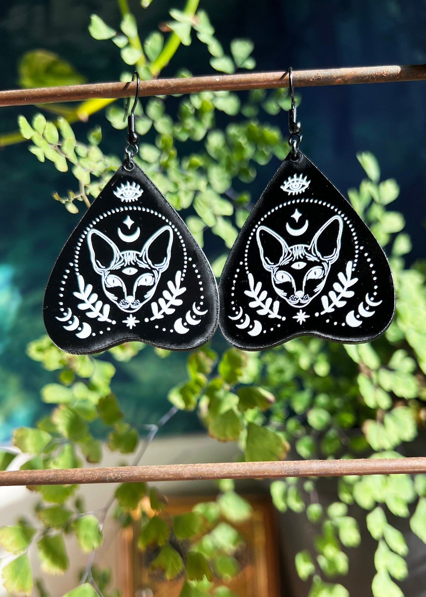 Black Acrylic Earrings | Trippy Third Eye Cat Jewelry | Witch Goth Psychedelic Fantasy Charm | Dark Academia Mystical Planchette Dangles