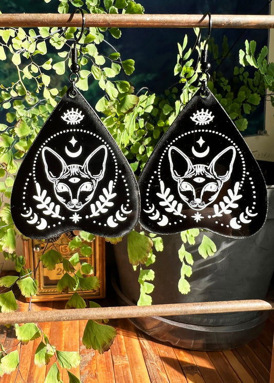Black Acrylic Earrings | Trippy Third Eye Cat Jewelry | Witch Goth Psychedelic Fantasy Charm | Dark Academia Mystical Planchette Dangles