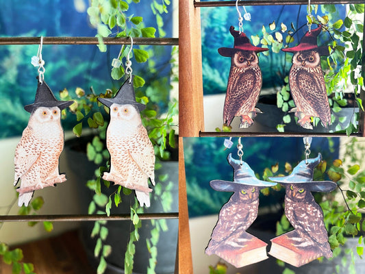 Wizard Owl Earrings | Witchy Dark Academia Jewelry | Snowy Great Horned Bird Familiar Creature | Cottagecore Goblincore Fairycore Dangles