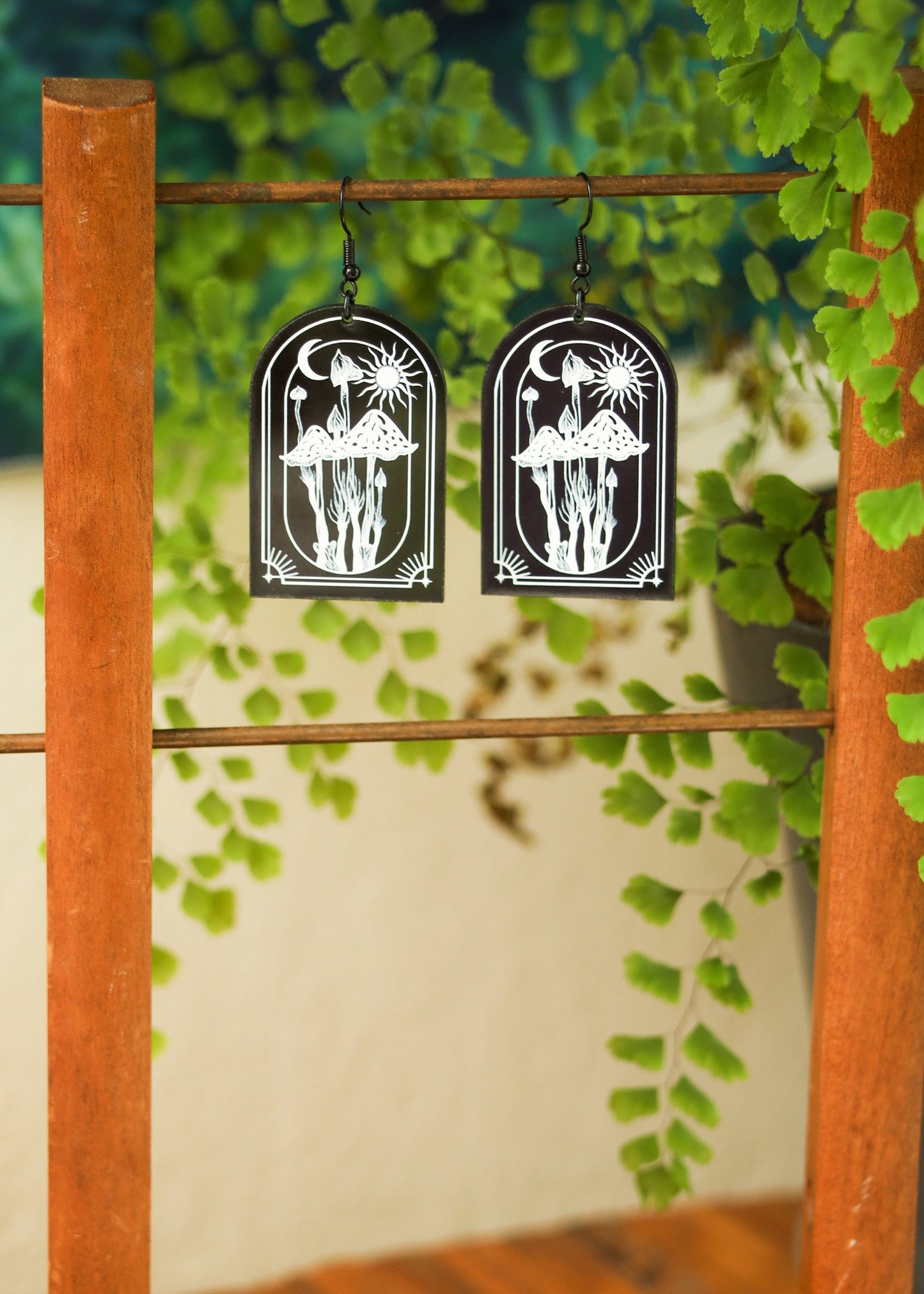 Black Acrylic Earrings | Whimsy Mushroom Celestial Jewelry | Witch Goth Moon Fantasy Charm | Mushroomcore Dark Academia Arch Mycology Plant